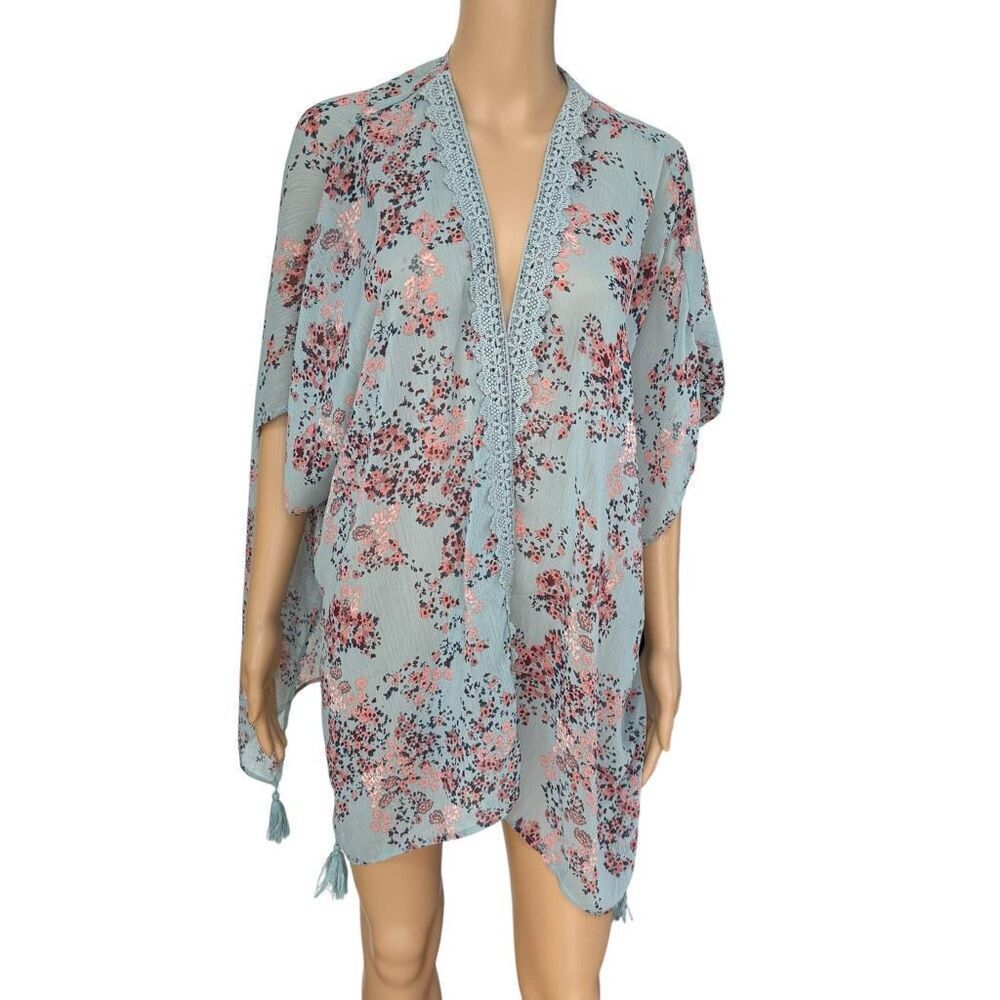 Altar'd State Kimono Top Oversized Small blue Floral Crochet Tasseled Dolman